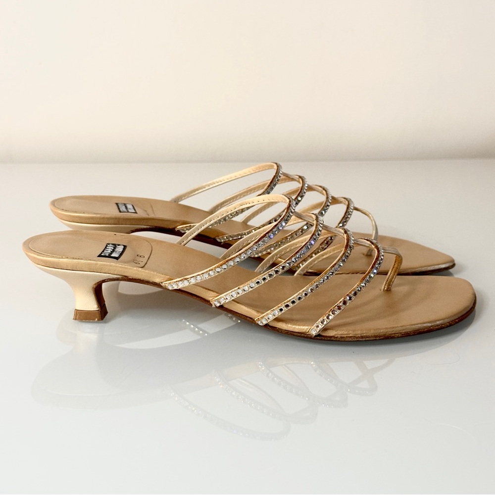 Stuart Weitzman Gold Kitten Heel Sandal 6.5 Toe Post Thong Rhinestone Straps - Picture 2 of 11